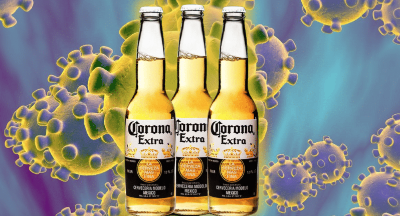 Corona beer superimposed over virus image
