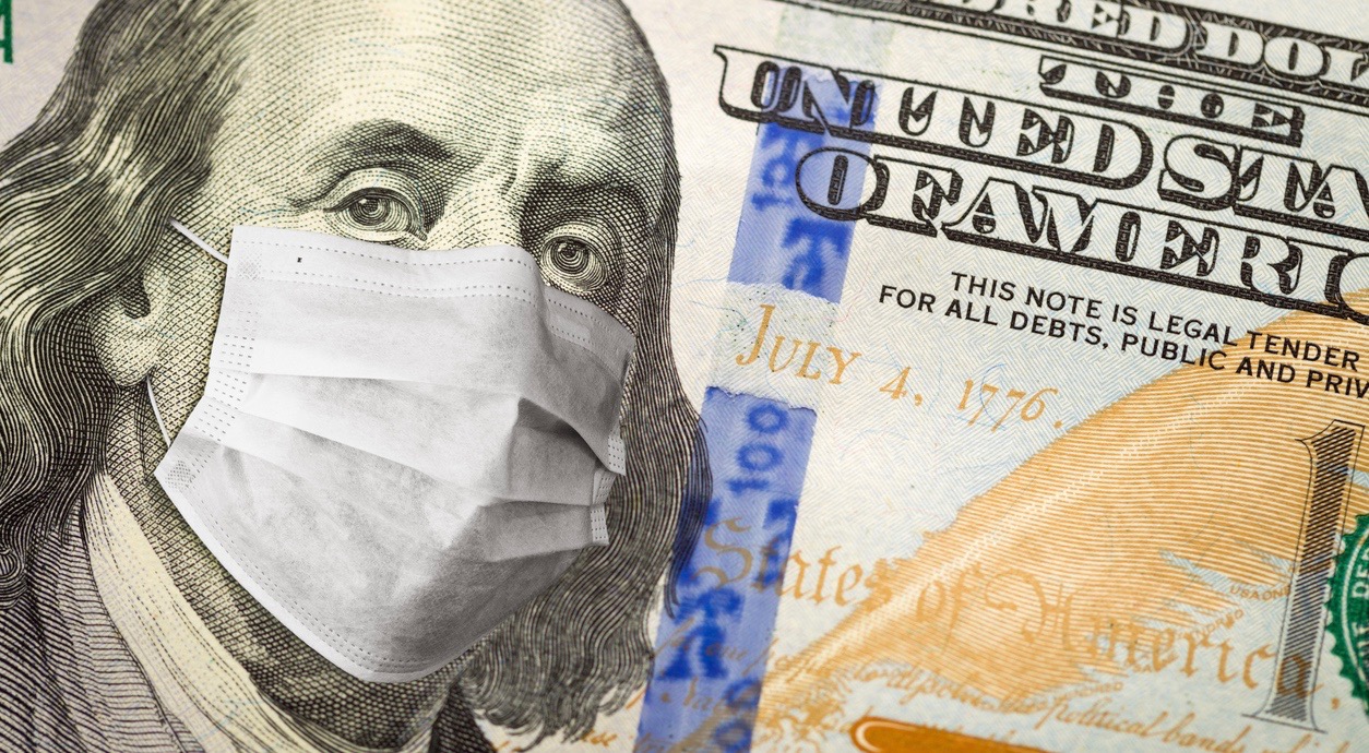 One Hundred Dollar Bill With Medical Face Mask on George Washington.