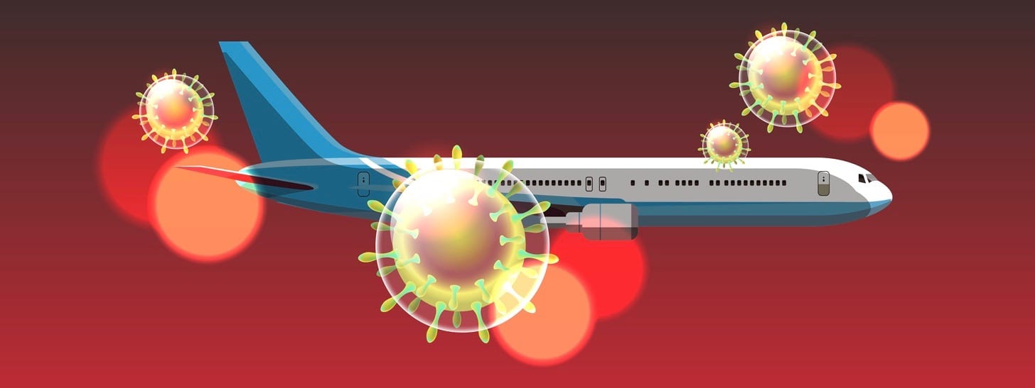 passenger plane flying in sky with coronavirus cell s