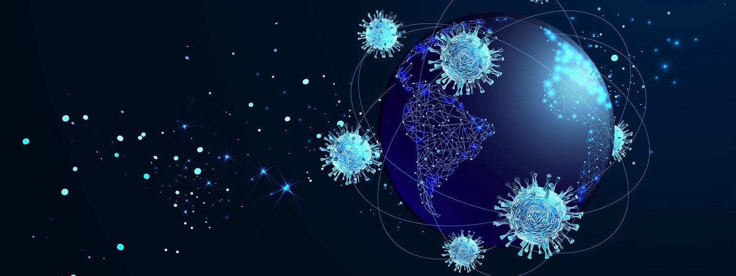 Covid-19. Concept health safety protection coronavirus epidemic 2019 nCoV. Viruses fly around planet Earth. Low poly wireframe style. Vector