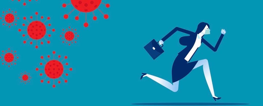 Businesswoman run away from COVID 19 virus.