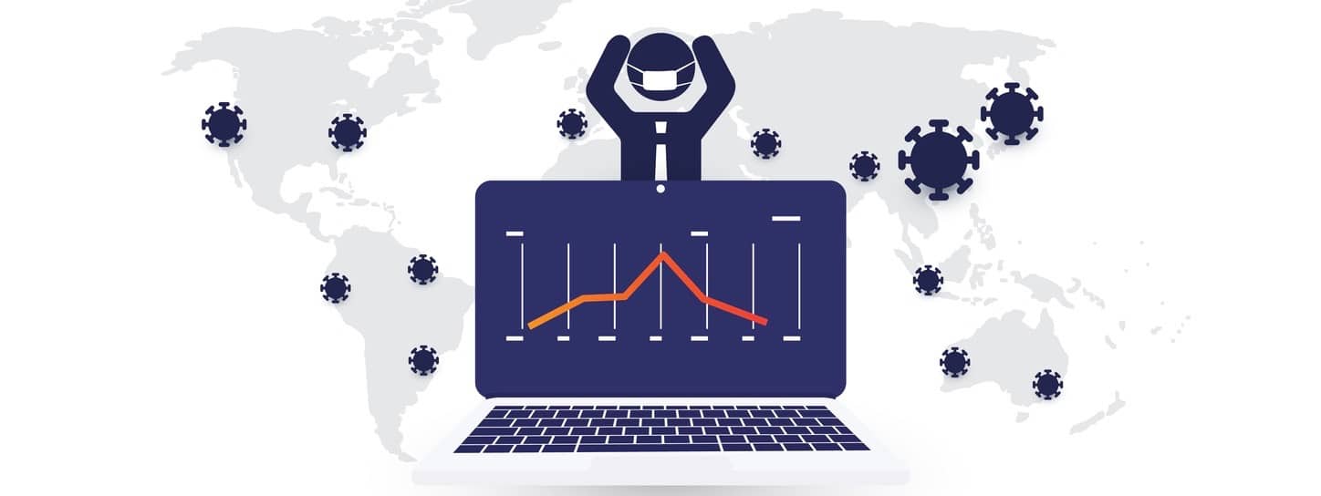 Design Concept with World Map, Chart and Businessman with Face Mask Holding His Head