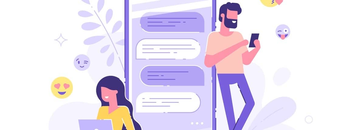Pretty woman is sitting at her laptop and chatting with handsome man with huge phone and emoji on the background. Dating app and virtual relationship. Chat bubble. Modern vector illustration.