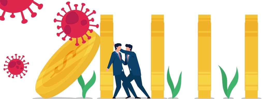 Business flat vector concept people hold coin from coronavirus attack metaphor of loss.