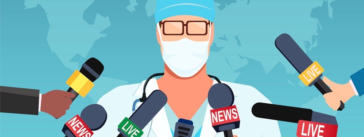 Vector of a doctor in mask giving an update on a pandemic to group of journalists