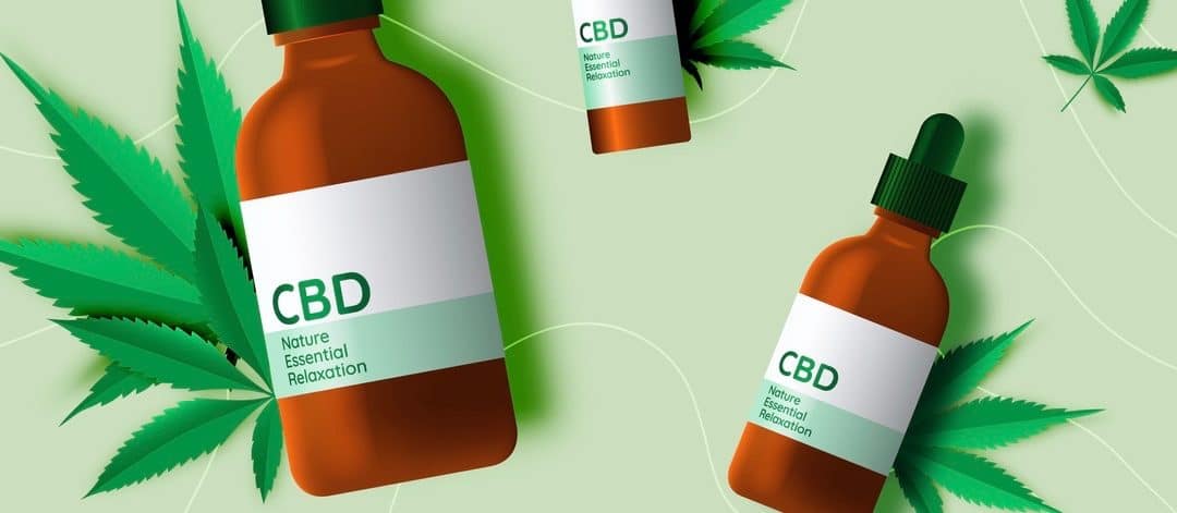 CBD product with cannabidiol leaves in flat lay paper art style vector illustration
