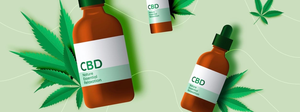 CBD product with cannabidiol leaves in flat lay paper art style vector illustration