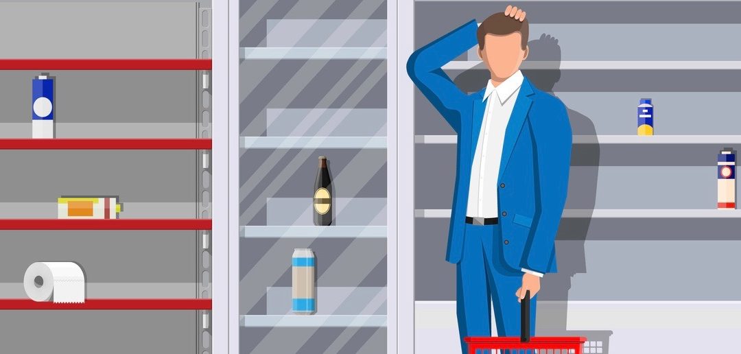 Desperate customer in supermarket with empty shelves. Empty basket, food hoarding. No food or necessities in store. Financial crisis, war epidemic virus. Panic of Coronavirus. Flat vector illustration (Desperate customer in supermarket with empty shel