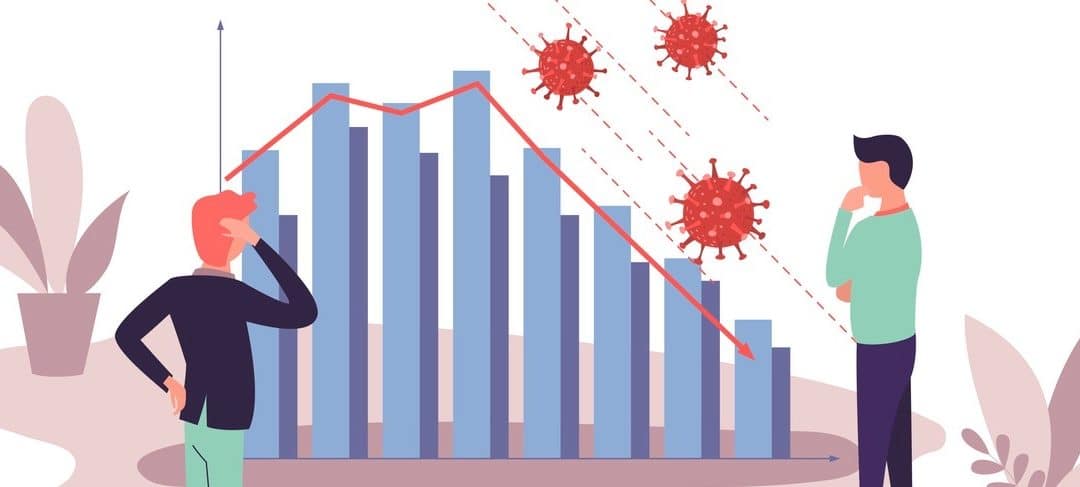 Businessmen analyzing market fall occured by coronavirus outbreak. Data graph with falling trend due to Covid-19 world pandemic. Quarantine financial crisis. Vector illustration, eps8 (Businessmen analyzing market fall occured by coronavirus outbreak.