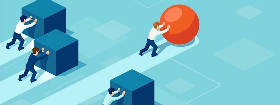 Vector of a smart businessman pushing a sphere leading the race against a group of slower businessmen pushing boxes. Winning strategy in business concept