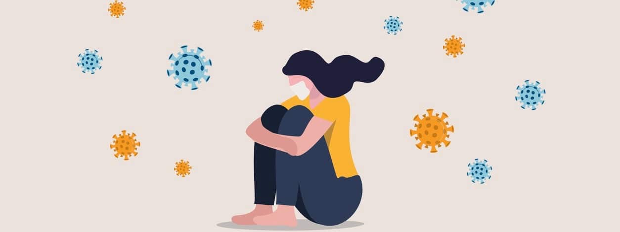 Solitude and depression from social distancing, isolated stay home alone in COVID-19 coronavirus crisis, anxiety from virus infection, Sad unhappy depressed girl sit alone with virus pathogens