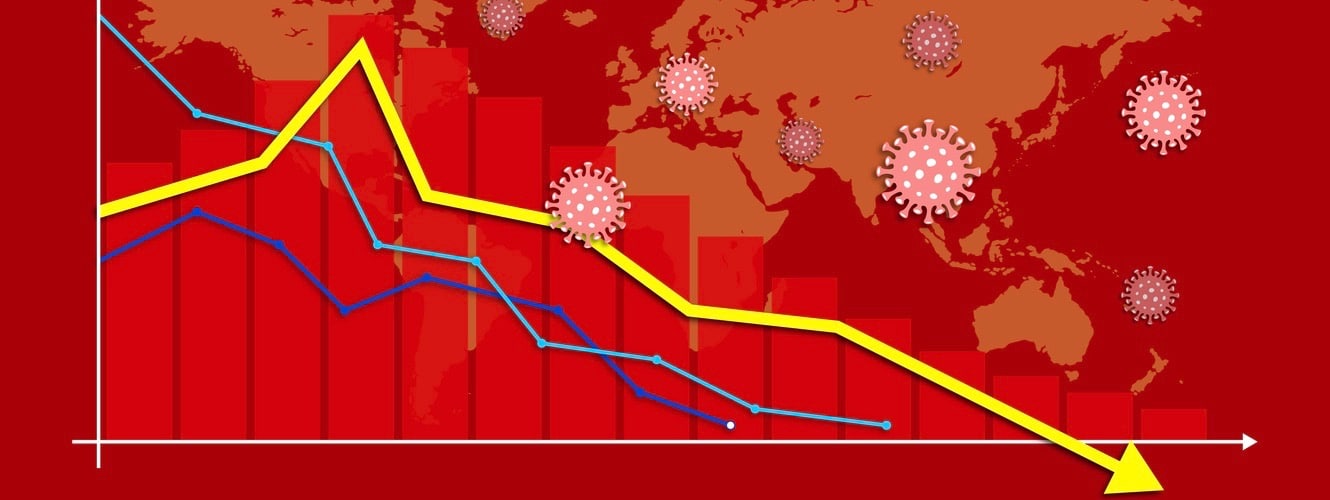 Concept of world economic recession during the coronavirus outbreak, with downtrend stock graphs.