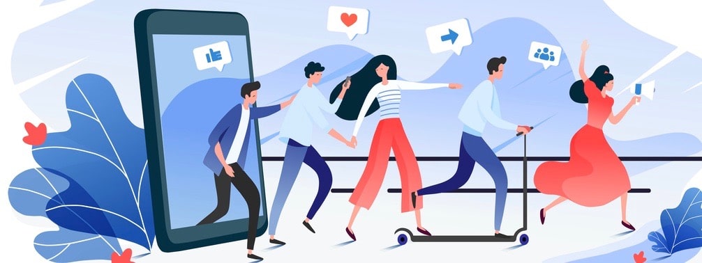 Referral marketing concept, Refer A Friend loyalty program, promotion method. Group of people or customers holding hands and walking out of giant smartphone. Modern flat vector illustration. (Referral marketing concept, Refer A Friend loyalty program,