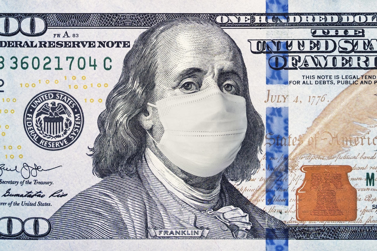 American President with a face mask against CoV infection. 100 dollar banknote. 