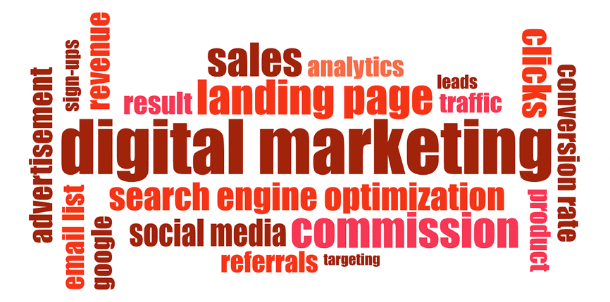 A lot of important terms in digital marketing written in red letters.