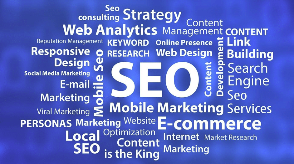 A lot of terms related to SEO written in white letters on a blue background.
