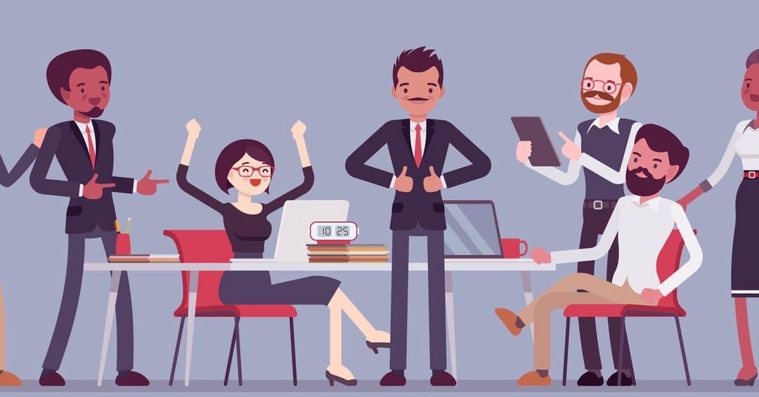 Successful team gathering. Group of young people, startup company celebrating completed task, job, or common project, entrepreneurial venture. Vector business concept flat style cartoon illustration (Successful team gathering. Group of young people, s