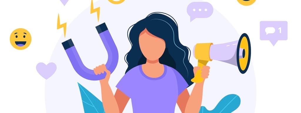 Social media influencer. Illustration with woman holding megaphone and magnet. Different social media icons. Vector illustration in flat style