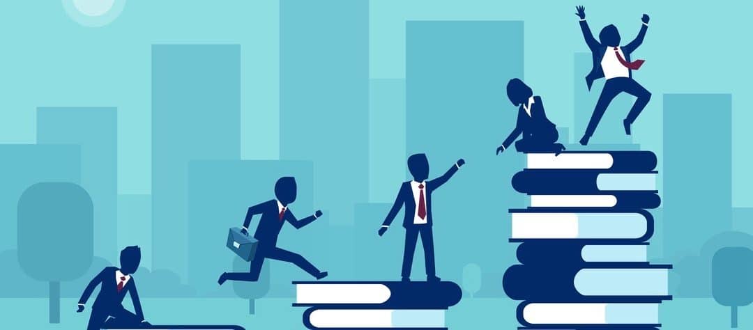 Path to success, levels of education concept. Vector of business people having staff training and learning support.