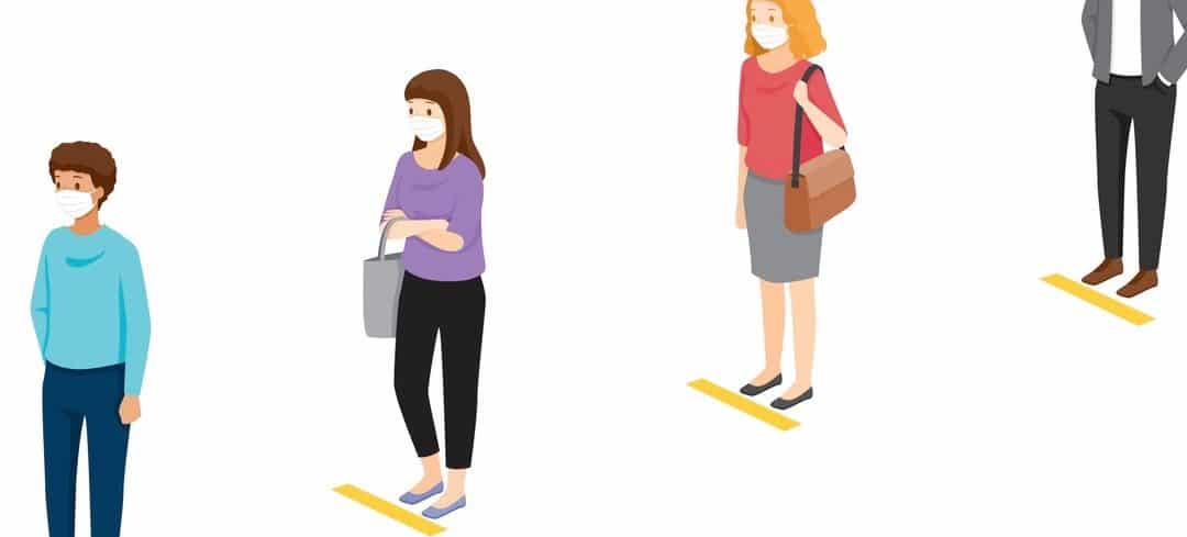 Social Distancing Concept, People Wearing Surgical Masks Standing With Distance In Queue, Protection For Coronavirus Disease, Covid-19