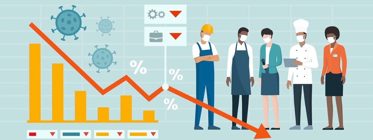 Impact on jobs of coronavirus covid-19: financial crisis and unemployment, workers standing next to a financial chart showing economic recession (Impact on jobs of coronavirus covid-19: financial crisis and unemployment