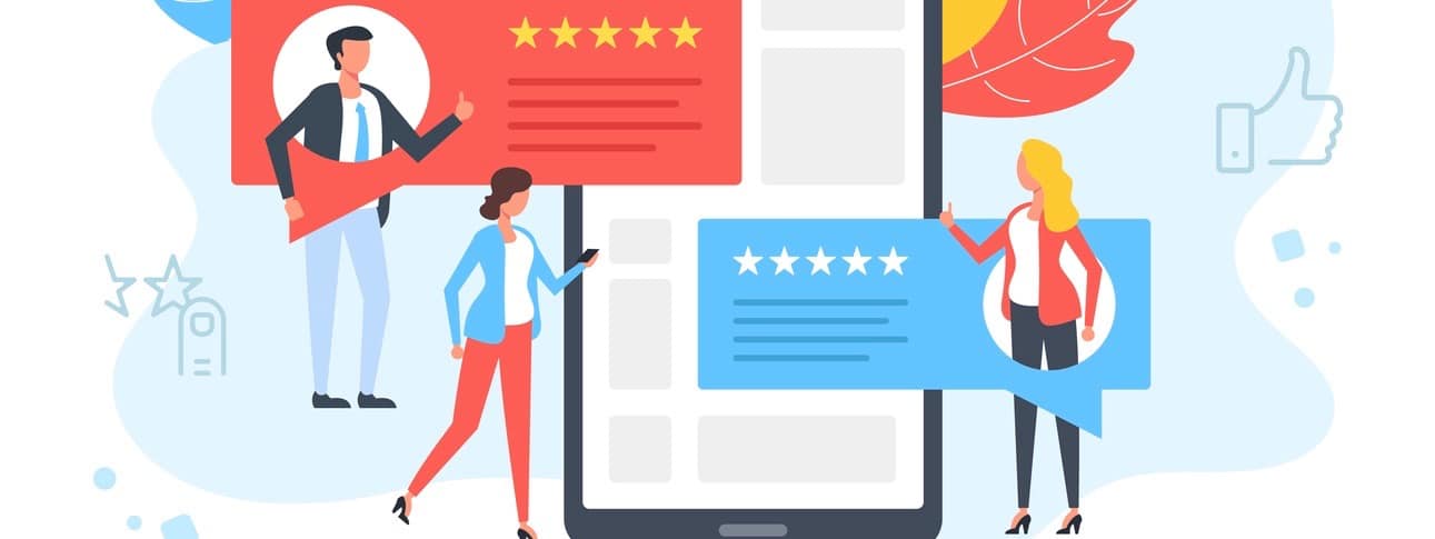 Customer reviews. People rate, online comment, recommend and give 5 stars. Positive feedback, client satisfaction concepts. Smartphone, mobile phone with testimonials on screen. Modern flat design. Vector illustration