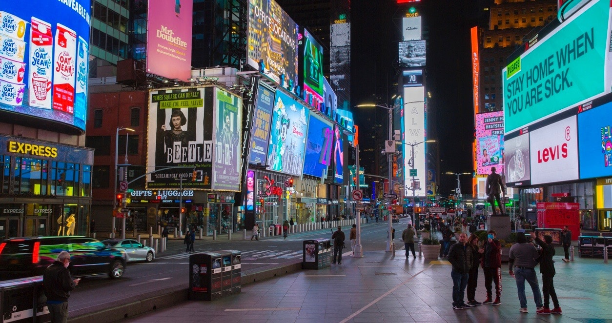 Less people at the street at Time Square due to Coronavirus outbreak