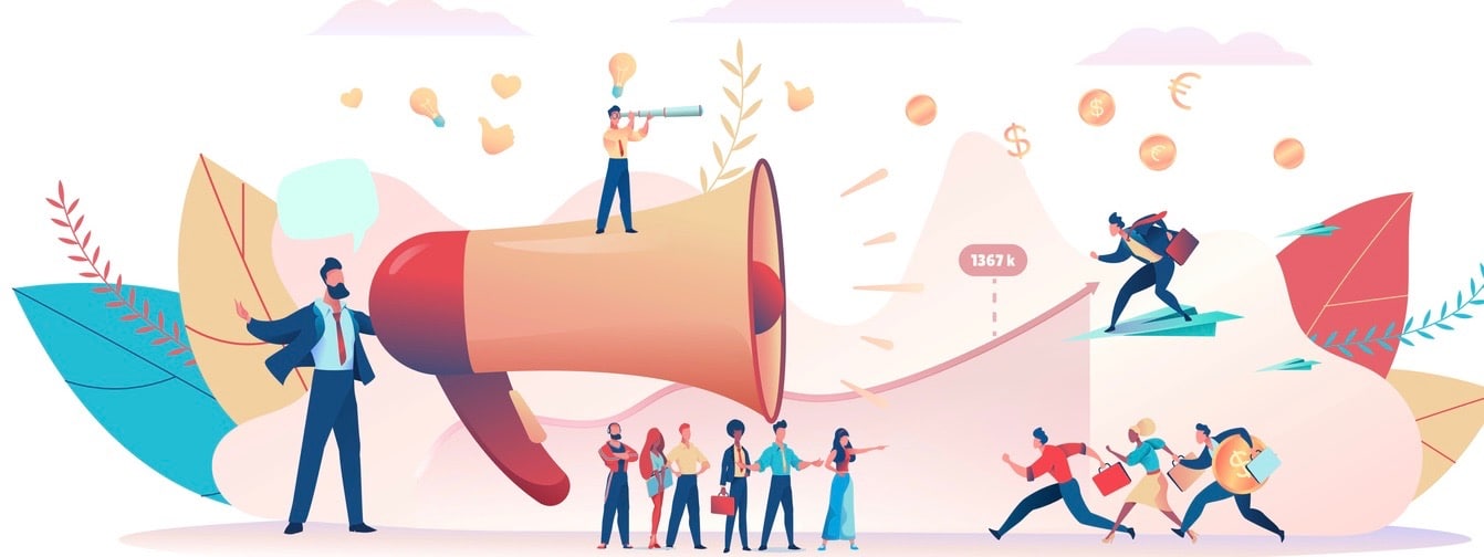 Advertiser attracts attention of business investors buyers. Team of promoters greets customers. Metaphor of advertising promotion. Concept of teamwork, cooperation marketing. Vector flat illustration (Advertiser attracts attention of business investor