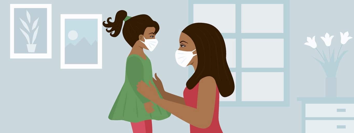 Arab or African mother wearing medical mask protection for daughter at home. Stop infection. Coronavirus quarantine. Stay at home. Health care. Mask against infectious diseases,Covid-19, influenza, air pollution