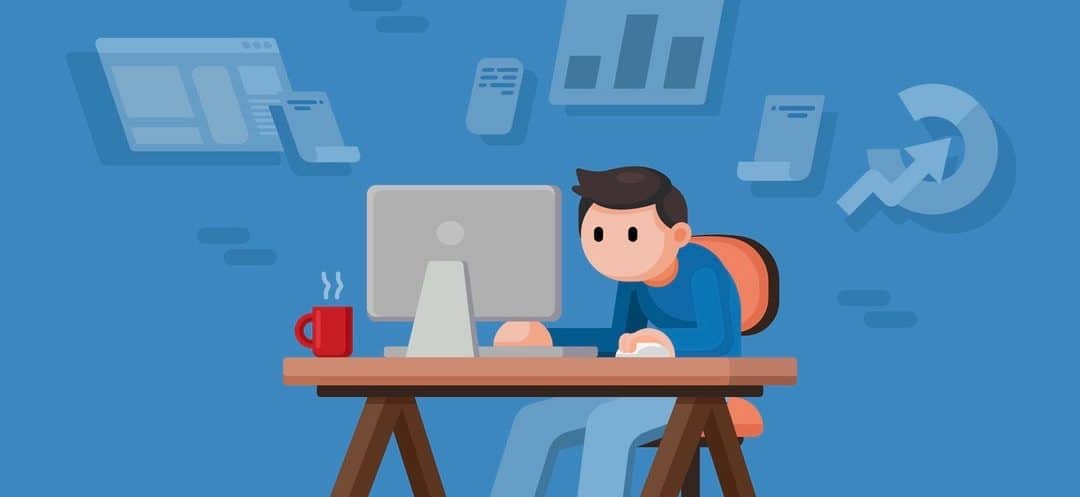 Young Man working from home, freelance workflow on computer, quarantine concept, flat design vector illustration. (Young Man working from home, freelance workflow on computer, quarantine concept, flat design vector illustration., ASCII, 114 components