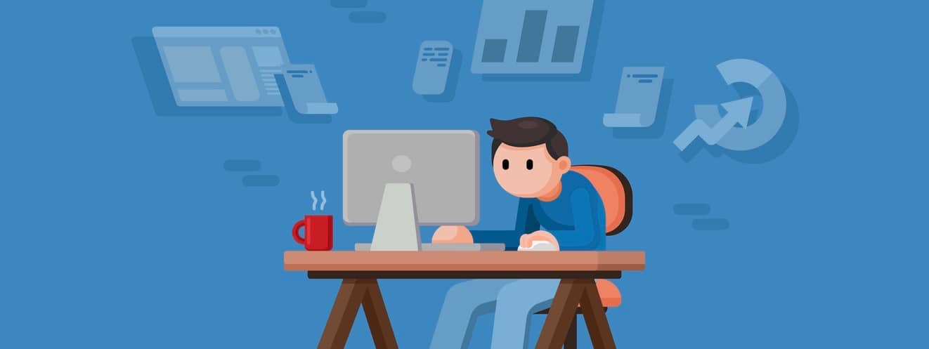 Young Man working from home, freelance workflow on computer, quarantine concept, flat design vector illustration. (Young Man working from home, freelance workflow on computer, quarantine concept, flat design vector illustration., ASCII, 114 components