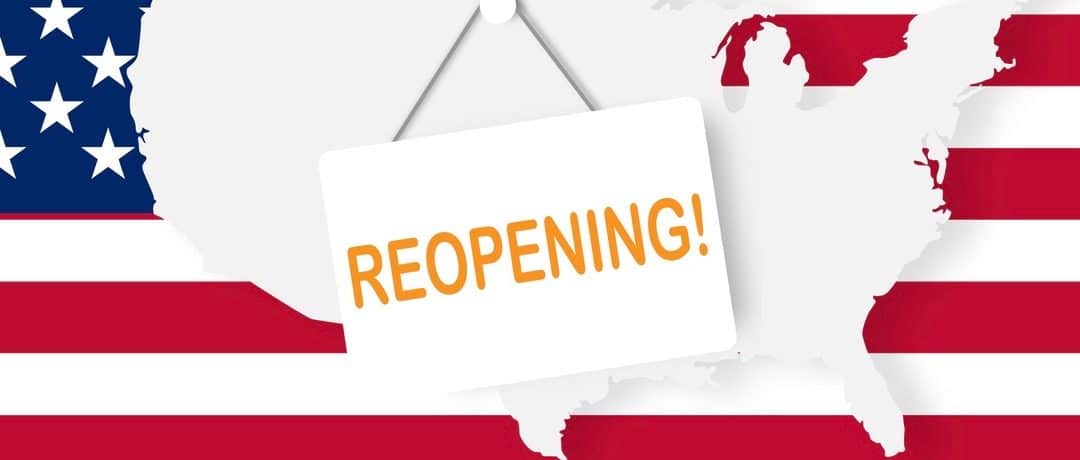 Concepts of reopening America after quarantine the country for prevention coronavirus pandemic outbreak. Illustration of USA map and open text on USA flag background
