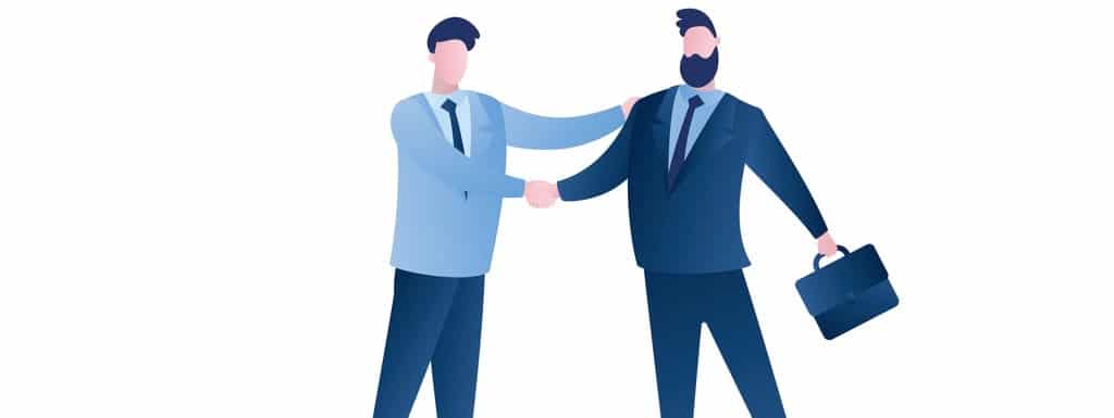 Businessmen handshake, successful business negotiations and agreement concept,male characters and signs isolated on white background. Trendy style vector illustration (Businessmen handshake, successful business negotiations and agreement