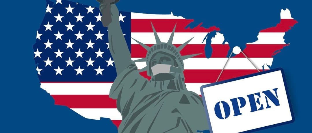 Concepts of reopening America after quarantine the country for prevention coronavirus pandemic outbreak. Illustration of USA map, liberty statue and open sign