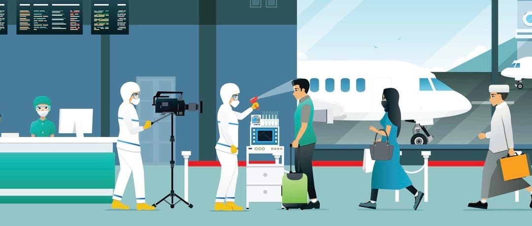 Tourists by checking the virus by a team in the germ protection suit.