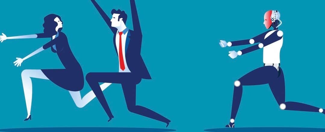 AI robot chasing business people.