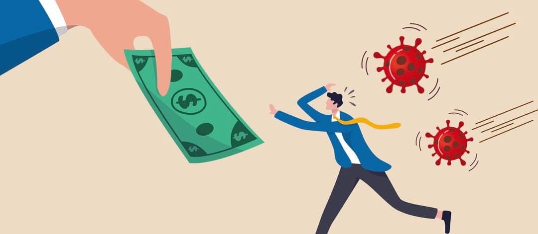 businessman running to hand giving money banknote with pathogen.