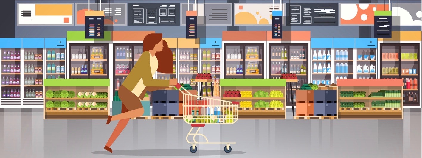 running business woman customer with shopping trolley cart busy female shopper buying products grocery market interior flat horizontal vector illustration (running business woman customer with shopping trolley cart busy female shopper buying products