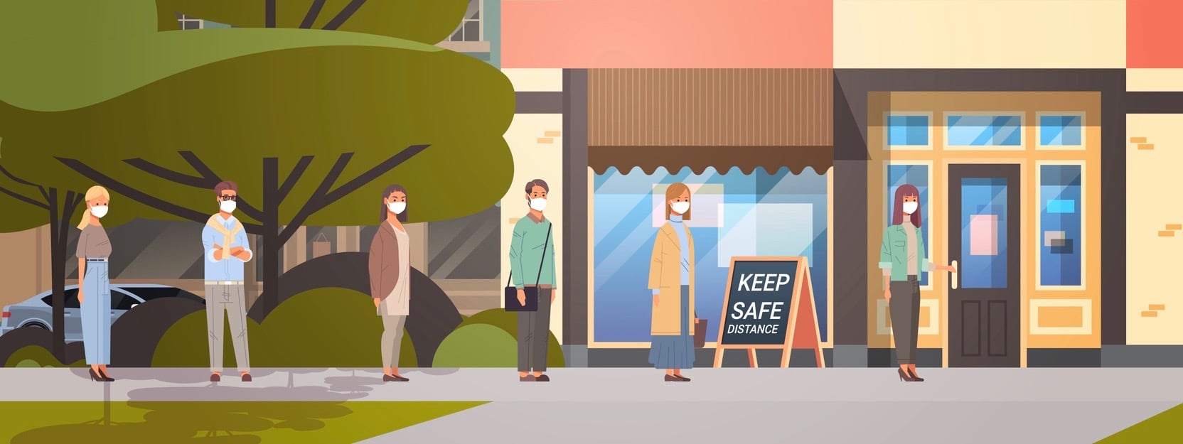 people in face masks standing line queue to coffee shop keeping distance to prevent covid-19 social distancing coronavirus pandemic health care concept horizontal full length vector illustration (people in face masks standing line queue to coffee shop
