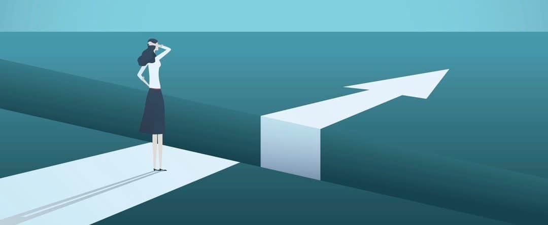 Business challenge and solution vector concept with businesswoman standing over big gap. Symbol of overcoming obstacles, strategy, analysis, creativity. eps10 vector illustration. (Business challenge and solution vector concept with businesswoman standing at the edge of a deep gap.