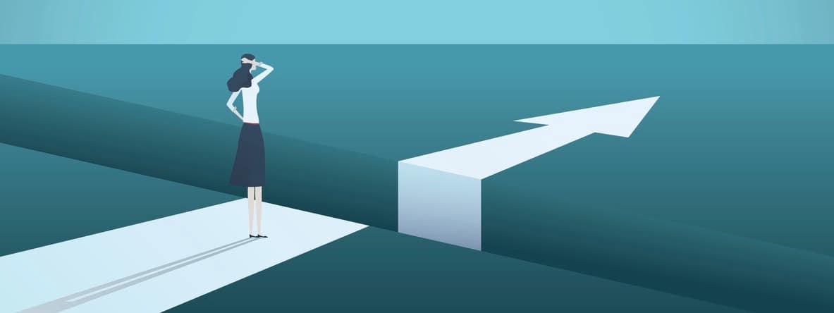 Business challenge and solution vector concept with businesswoman standing over big gap. Symbol of overcoming obstacles, strategy, analysis, creativity. eps10 vector illustration. (Business challenge and solution vector concept with businesswoman standing at the edge of a deep gap.