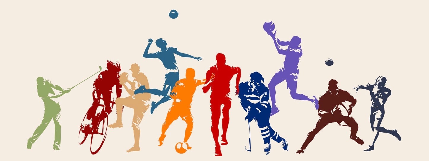 Sports, set of athletes of various sports disciplines. Isolated vector silhouettes. Run, soccer, hockey, volleyball, basketball, rugby, baseball, american football, cycling, golf (Sports, set of athletes of various sports disciplines.