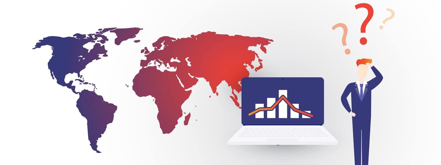 Design Concept with World Map, Bar Chart on a Laptop Computer Screen with Uncertain Businessman