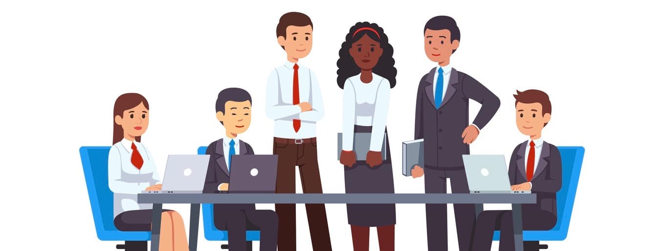 Executive business people group meeting at big office conference desk. Business man & woman company brainstorming working together using laptops, holding file folders. Flat cartoon vector illustration