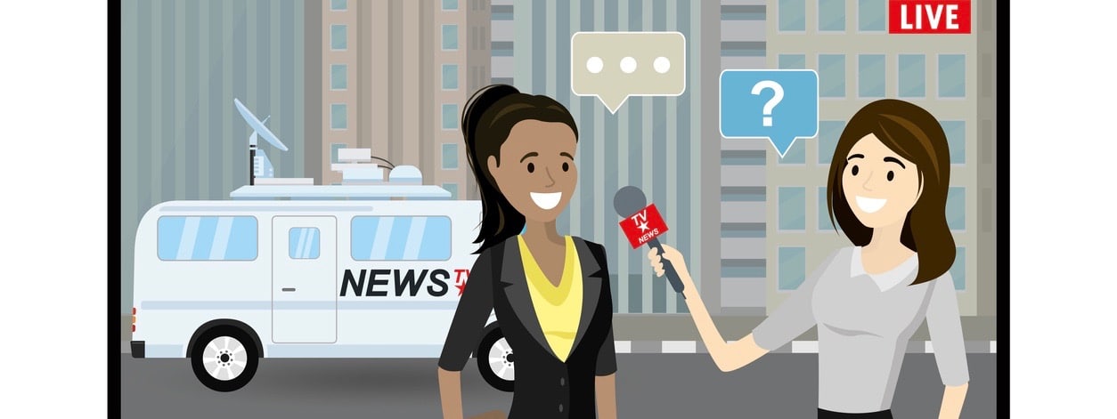 Female television reporter with microphone interviews business woman,TV breaking news on tv screen,flat vector illustration (Female television reporter with microphone interviews business woman, TV breaking news on tv screen