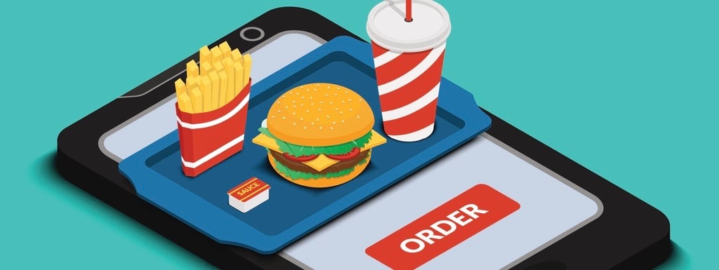 Tray with burger, french fries and a drink on the smartphone screen.