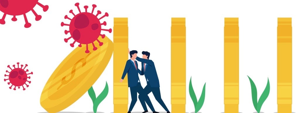 Business flat vector concept people hold coin from corona virus attack metaphor of loss.