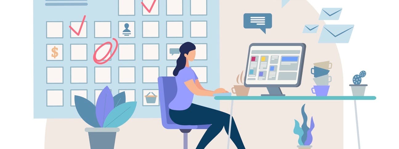 Planning Business Activity, Time Management Flat Vector Concept Businesswoman, Female Office Worker, Company Employee Sitting at Work Desk, Making Tasks and Meetings Reminders in Calendar Illustration (Planning Business Activity, Time Management Flat
