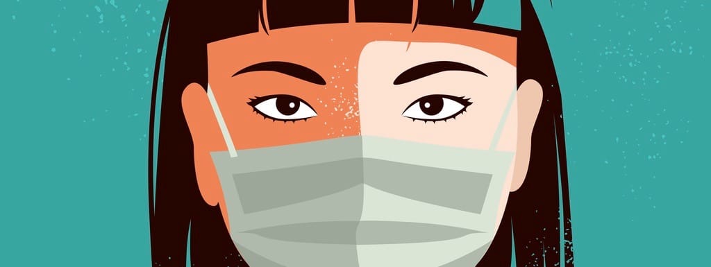 Illustration of Asian woman wearing face mask.