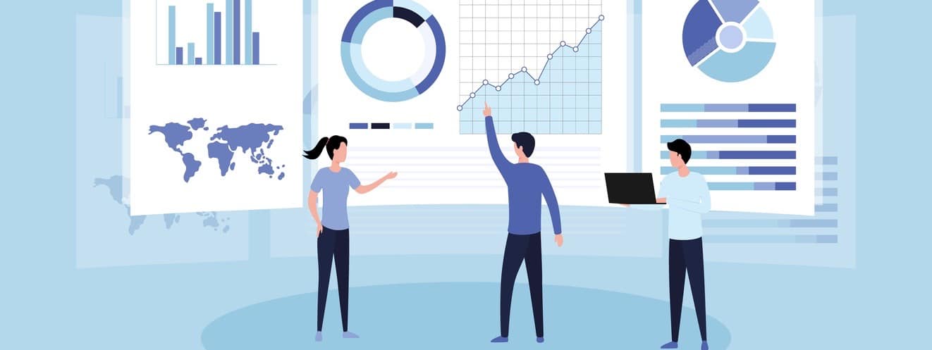 Teamwork of business analysts on holographic charts and diagrams of sales management statistics and operational reports.